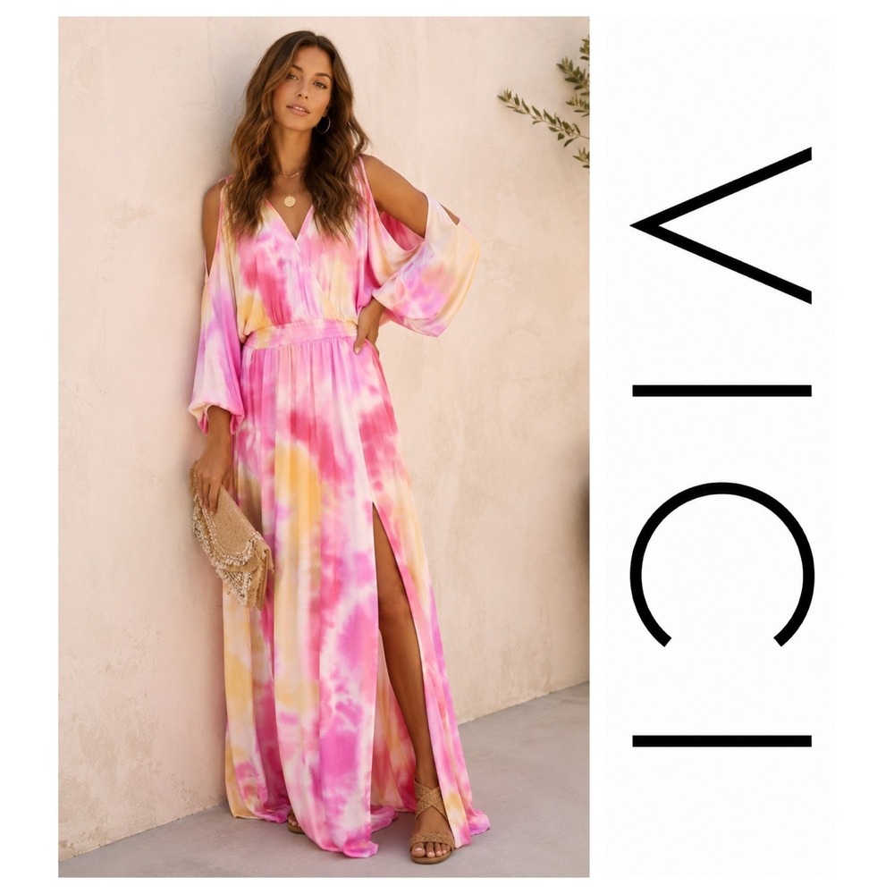 Vici Tequila Sunset Tie Dye Cold Shoulder Maxi Dress Beach Coastal Resort S
